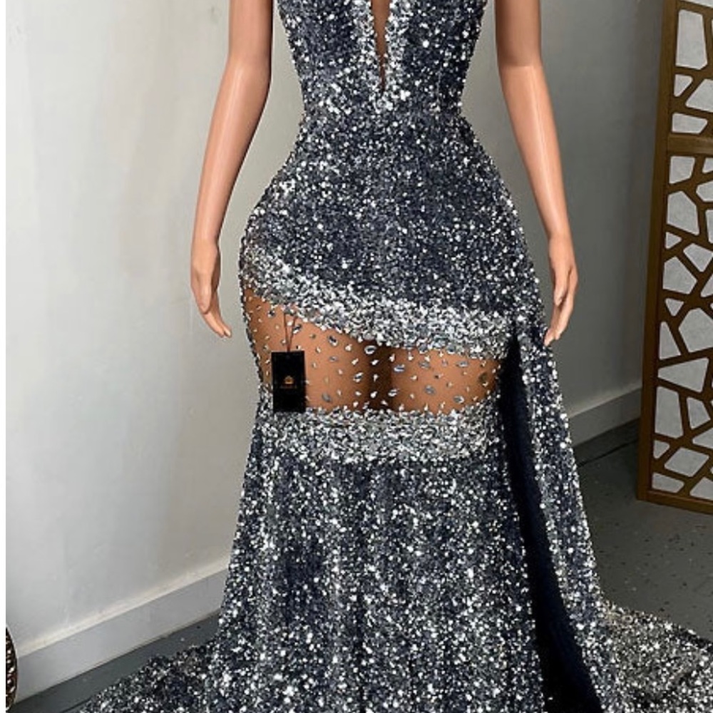 Elegant Silver Sequin Evening Gown